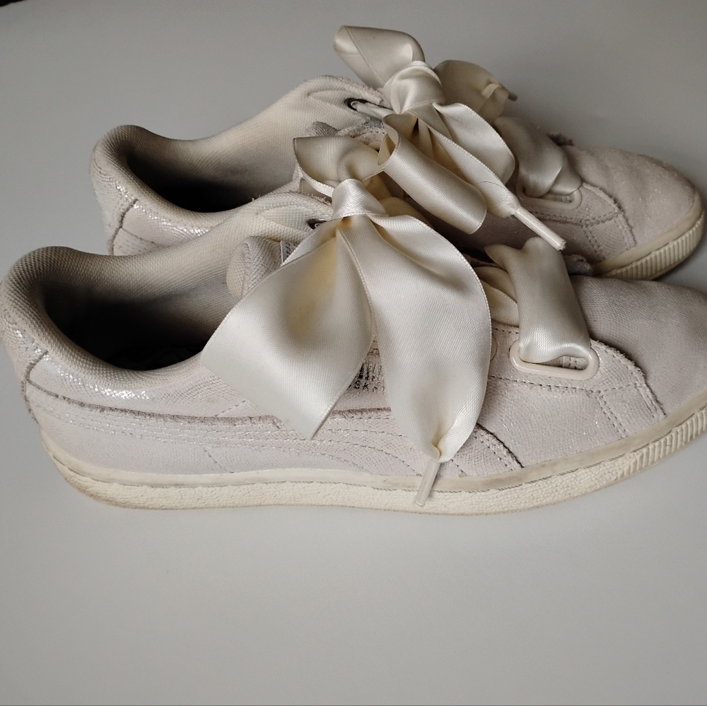 Puma Basket Satin Bow White Sparkle Classic Low Profile Retro Vibe Size 7.5 - Picture 4 of 12